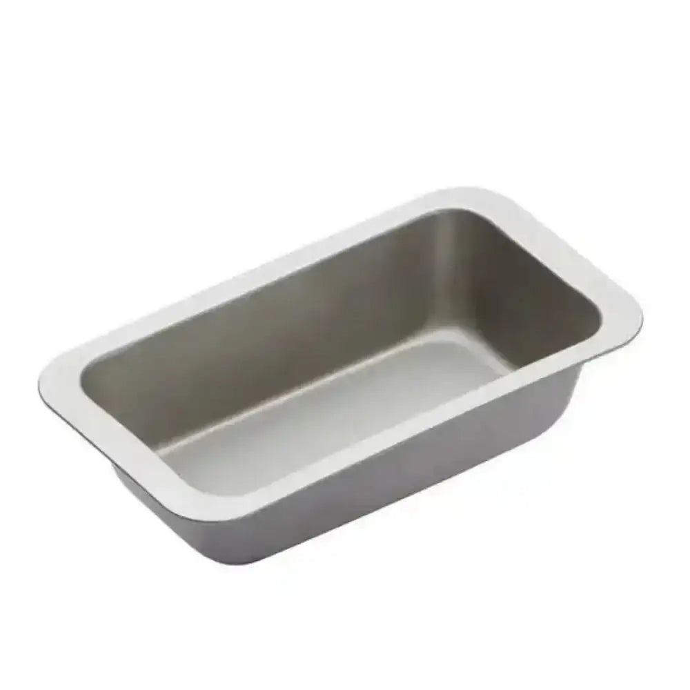 Stainless steel loaf pan on a white background