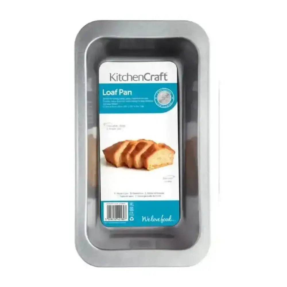 Metal loaf pan with KitchenCraft label on a white background