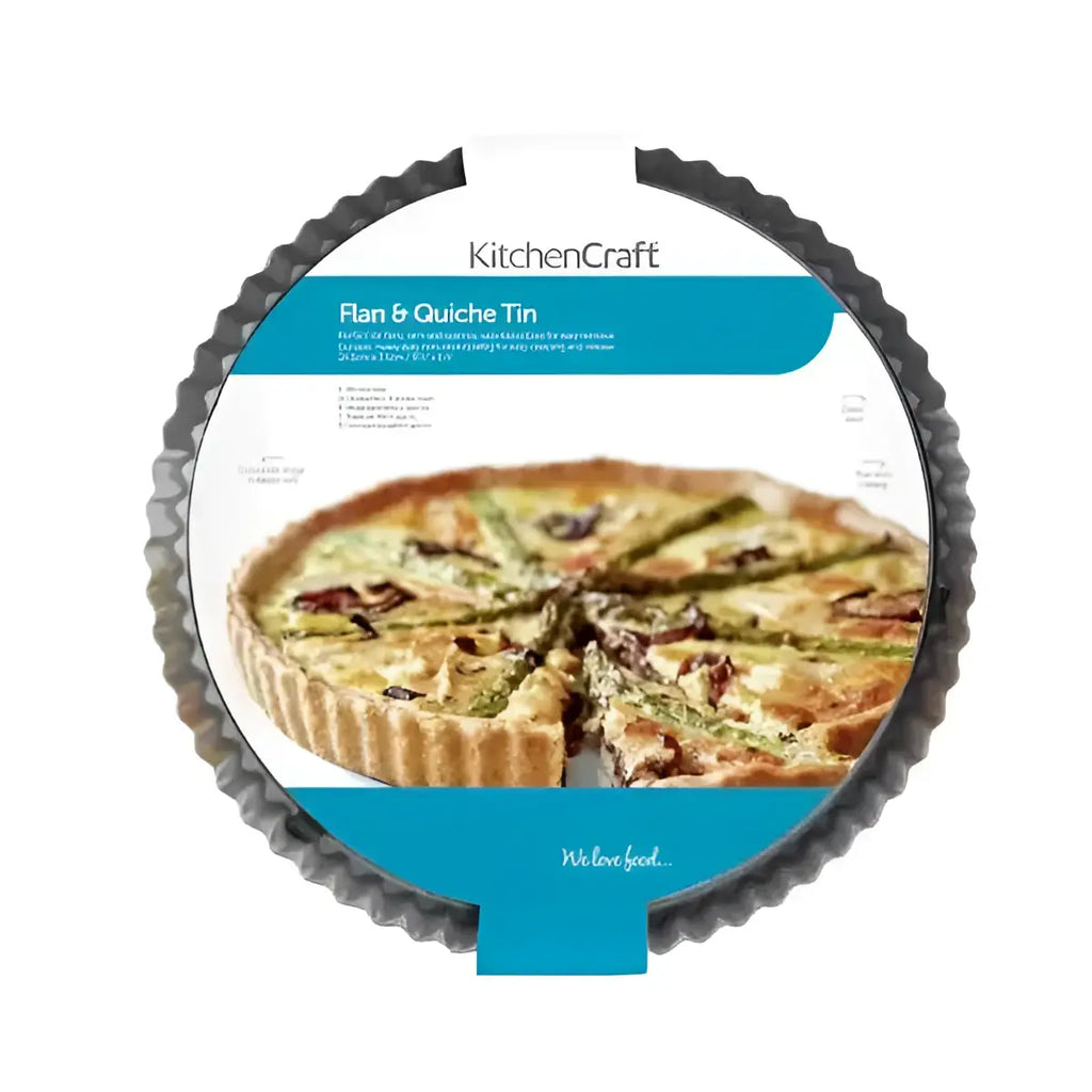 Black KitchenCraft non-stick loose base flan and quiche tin 24.5cm with scalloped rim and fluted edges