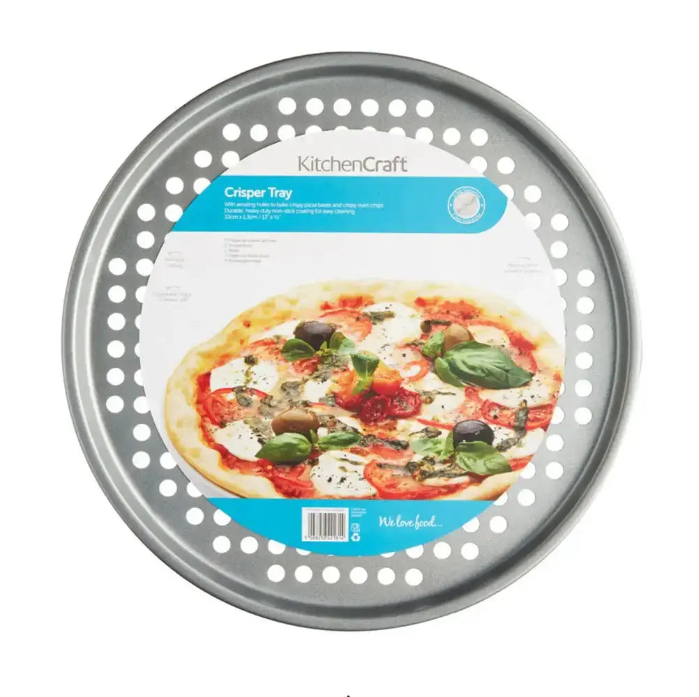 KitchenCraft crisper tray with a pizza on a white background