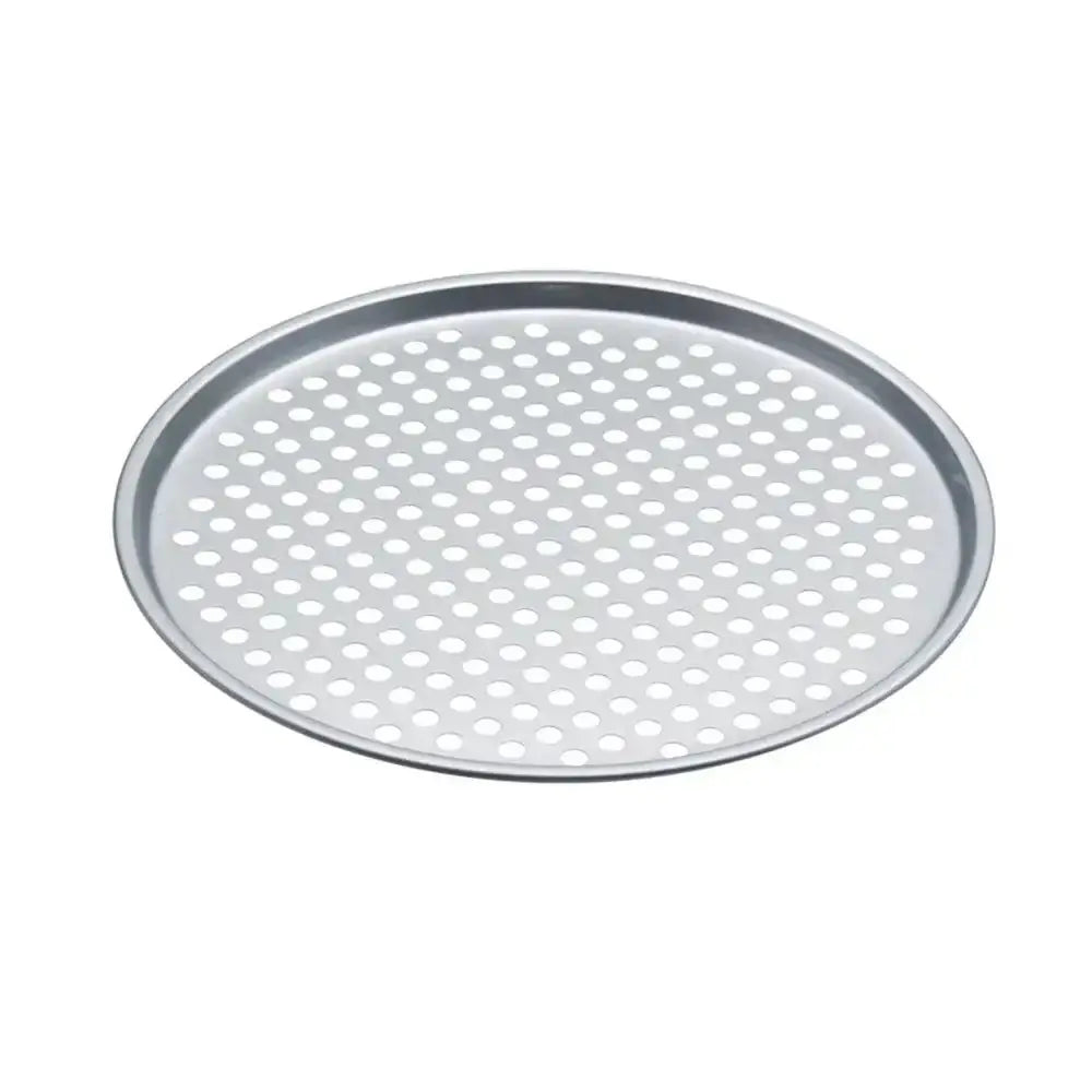Perforated metal pizza pan on a white background