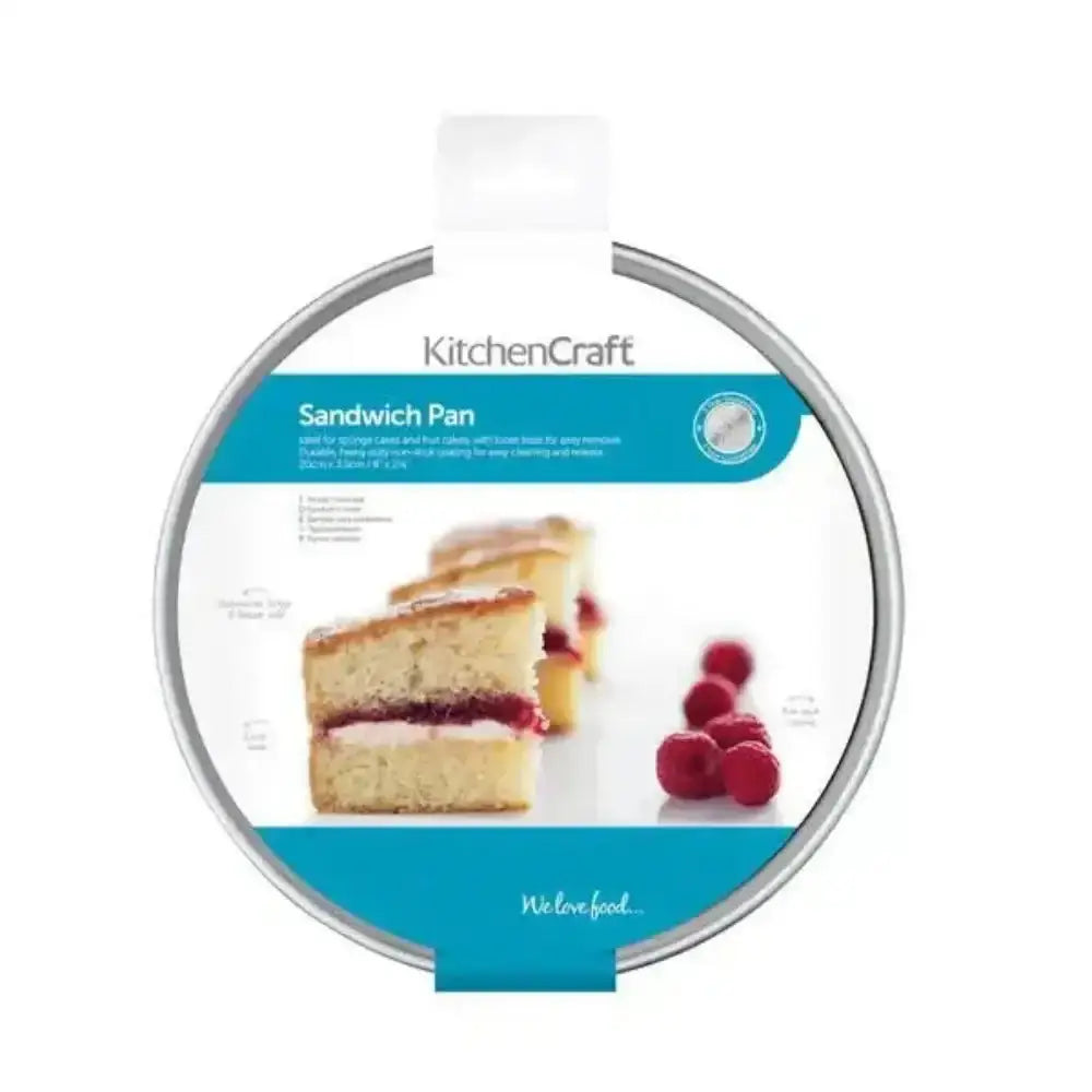 KitchenCraft sandwich pan packaging with cake and berries on a white background