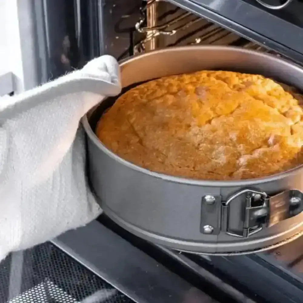 Baked cake being removed from an oven using a springform pan.