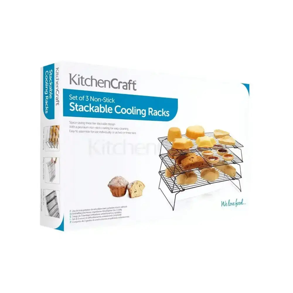 KitchenCraft stackable cooling racks packaging with cooling racks and baked goods on a white background