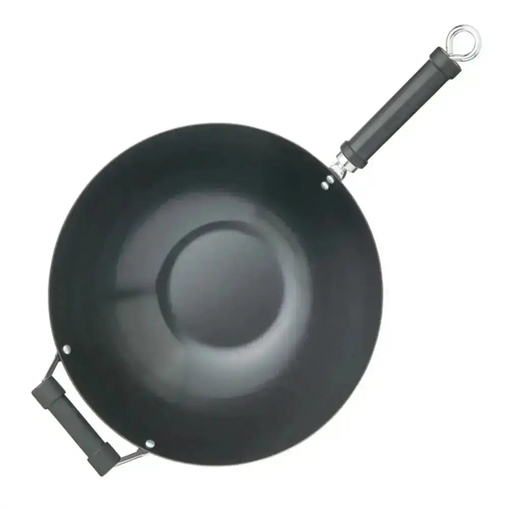 Black wok with a handle on a white background