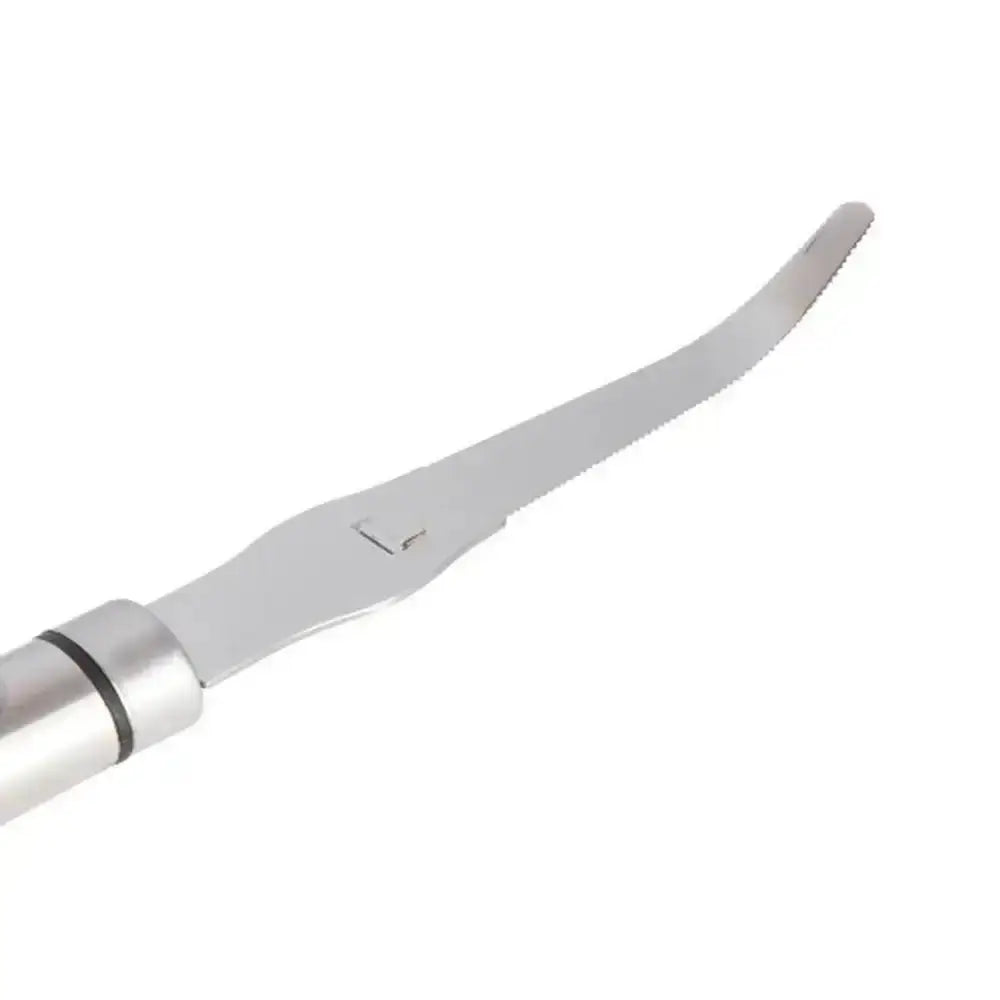 Dental tool with a curved blade on a white background