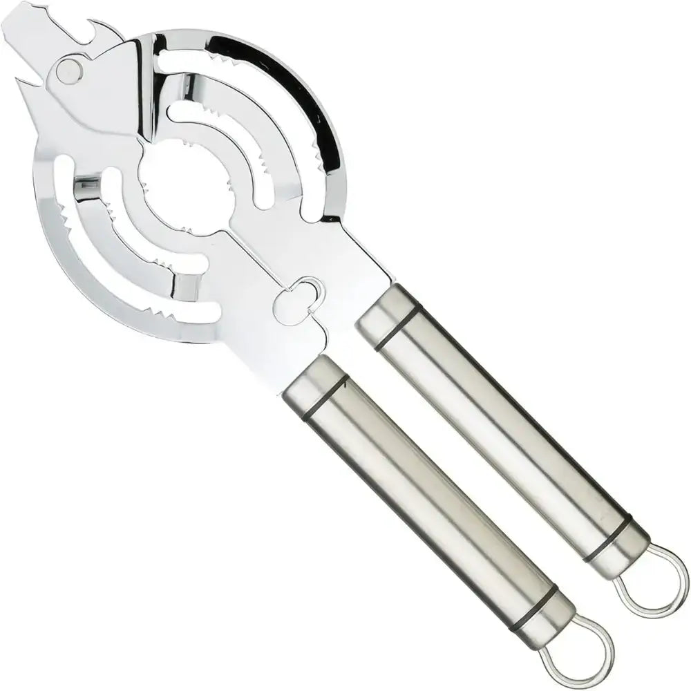 Metallic kitchen tool with two handles on a white background