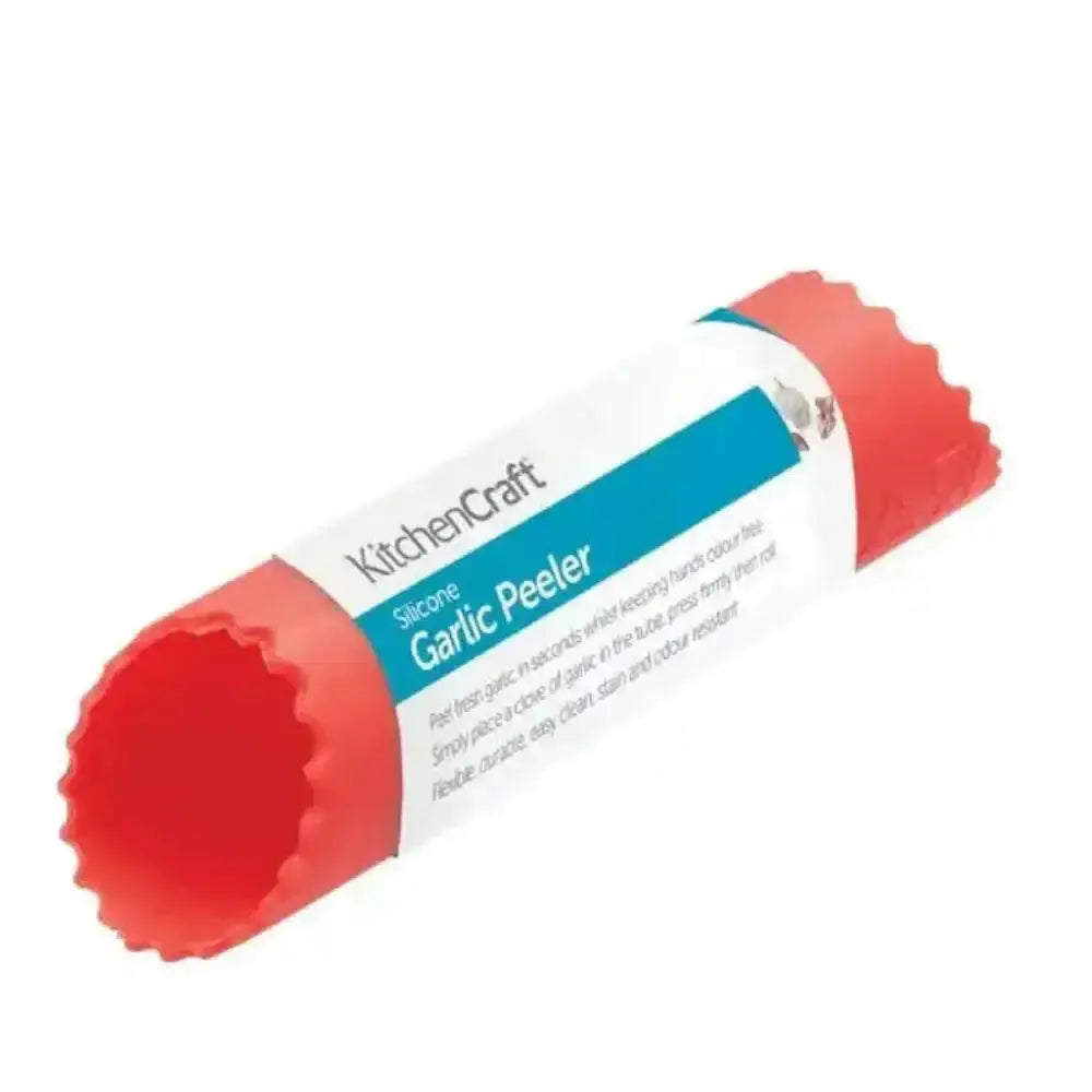Red silicone garlic peeler with white and blue label on a white background