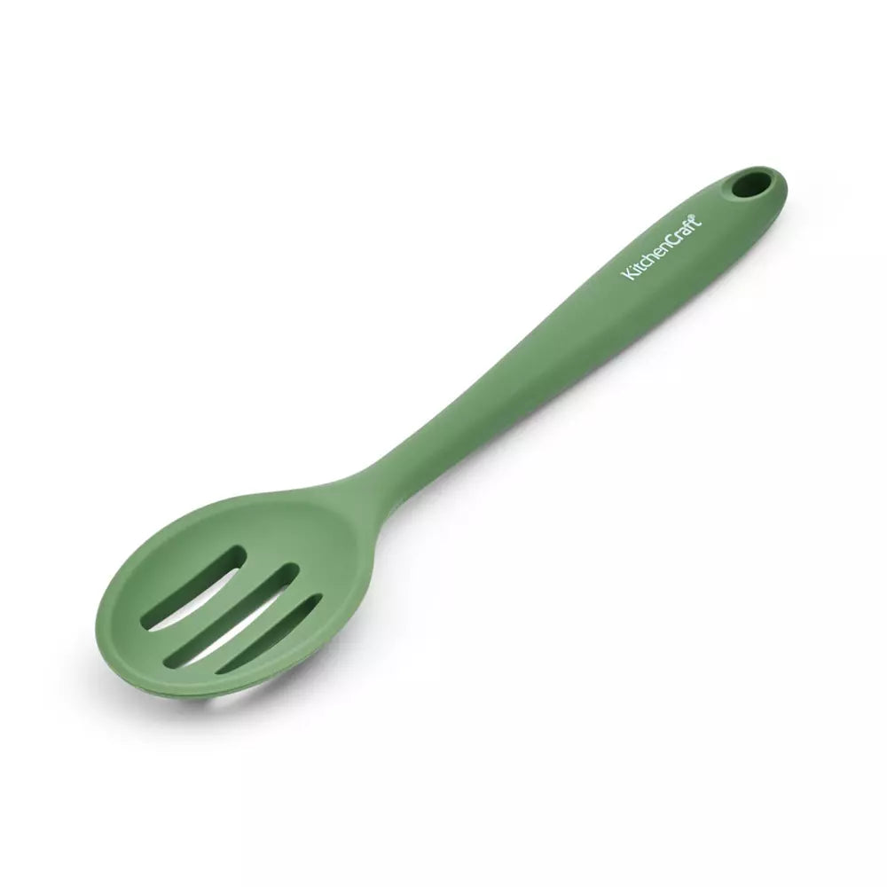 Green slotted spoon with a visible brand name on a white background