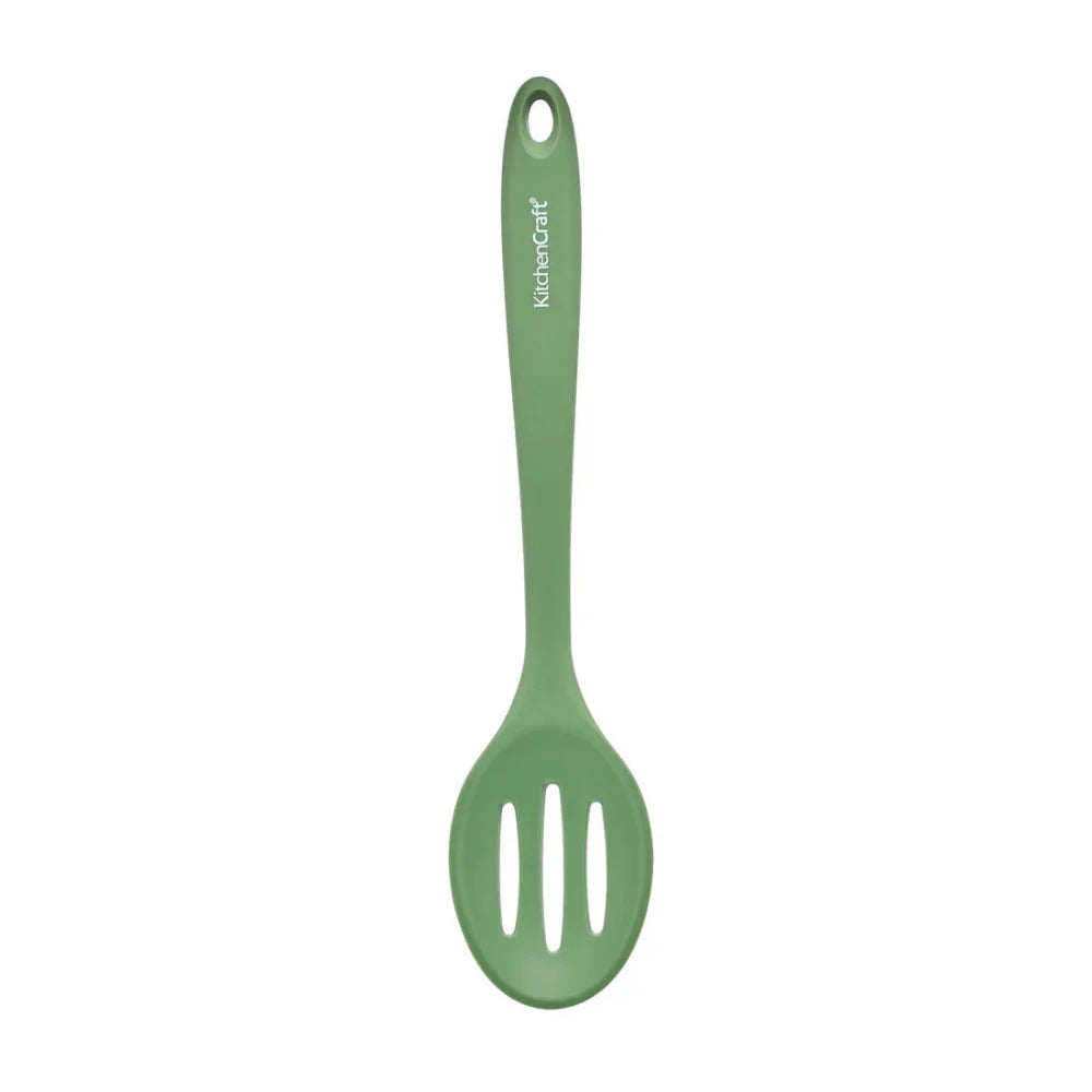Green slotted spoon with 'KitchenCraft' branding on a white background