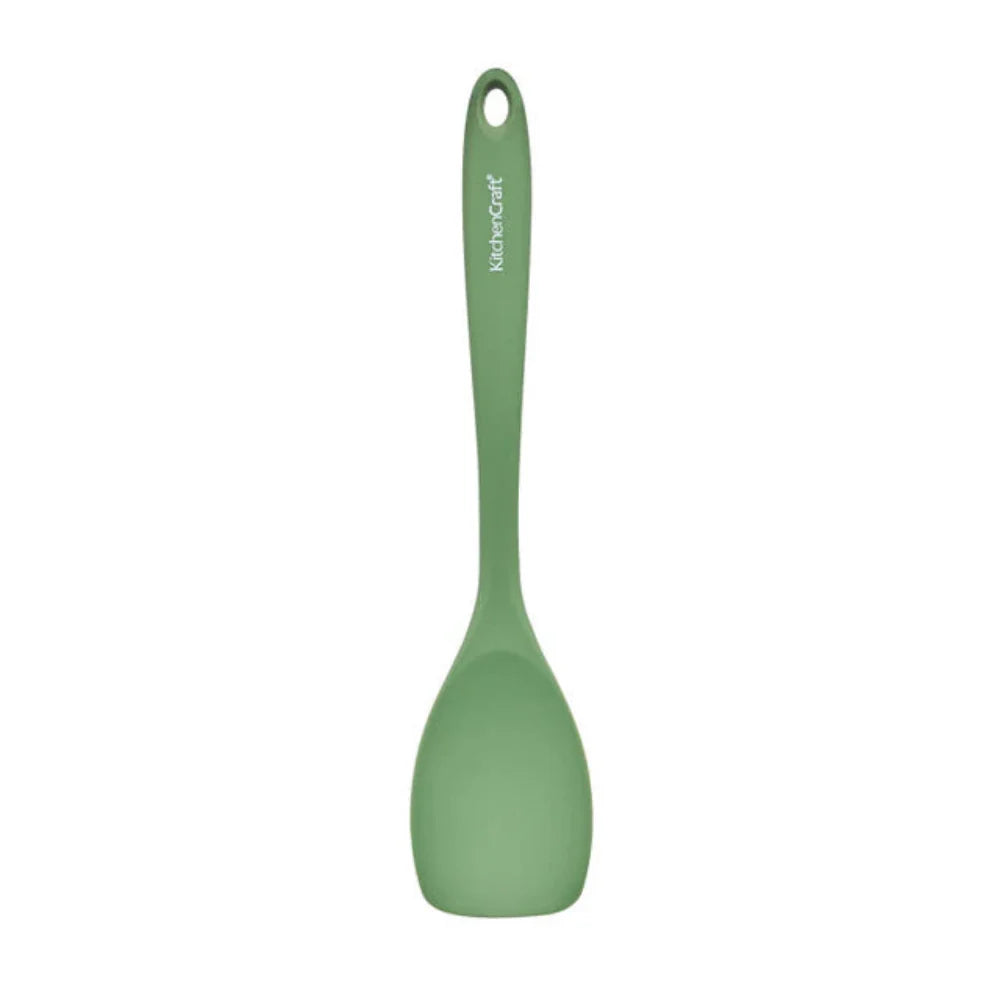 Green spoon with a visible brand logo on a white background