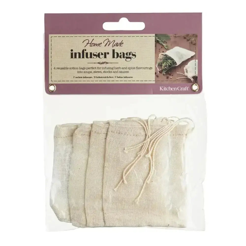 Packaged home-made infuser bags with a purple label on a white background