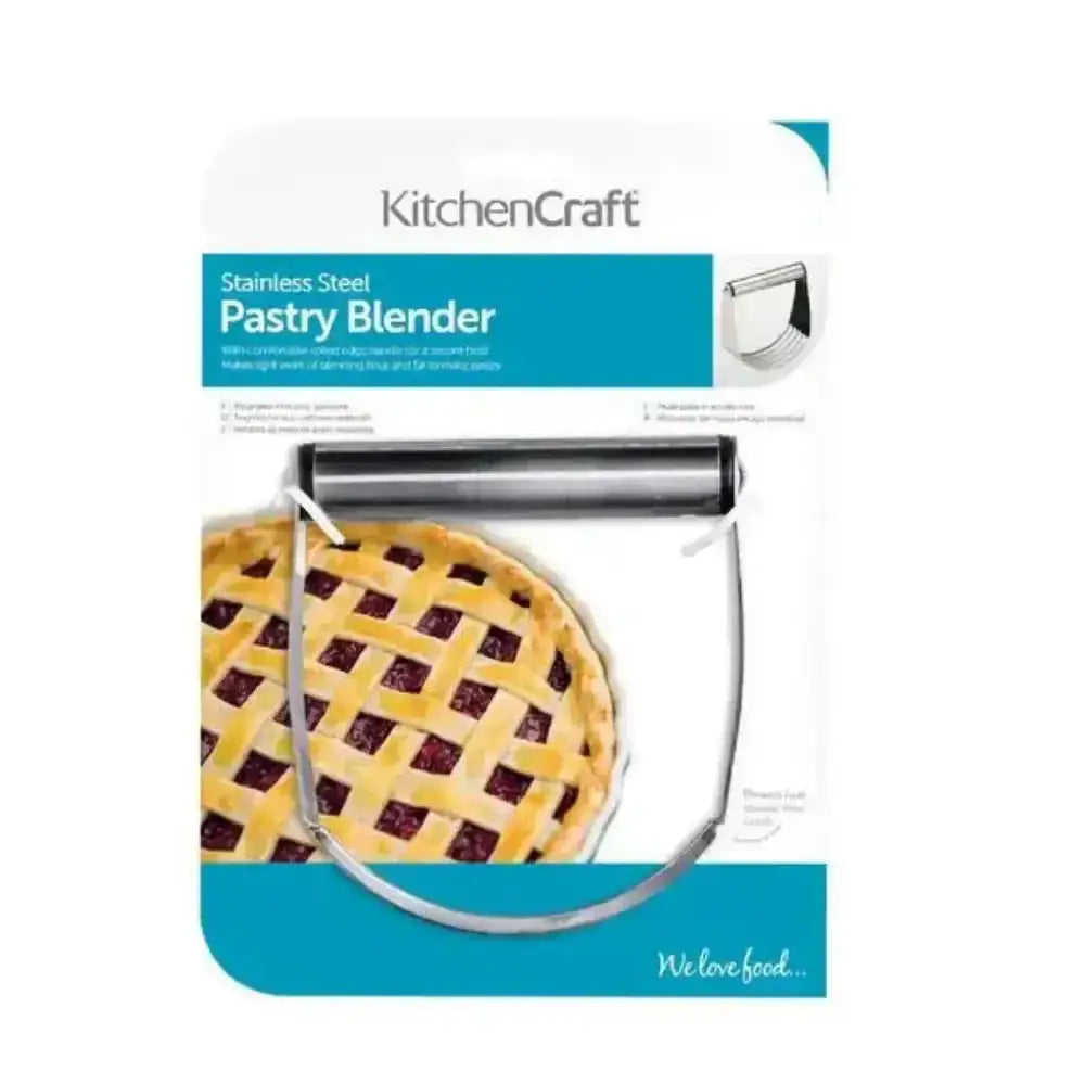 KitchenCraft stainless steel pastry blender with packaging featuring a pie illustration.