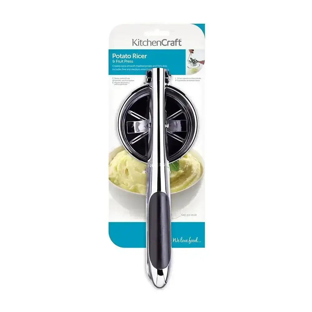 KitchenCraft potato ricer on its packaging with a bowl of mashed potatoes.