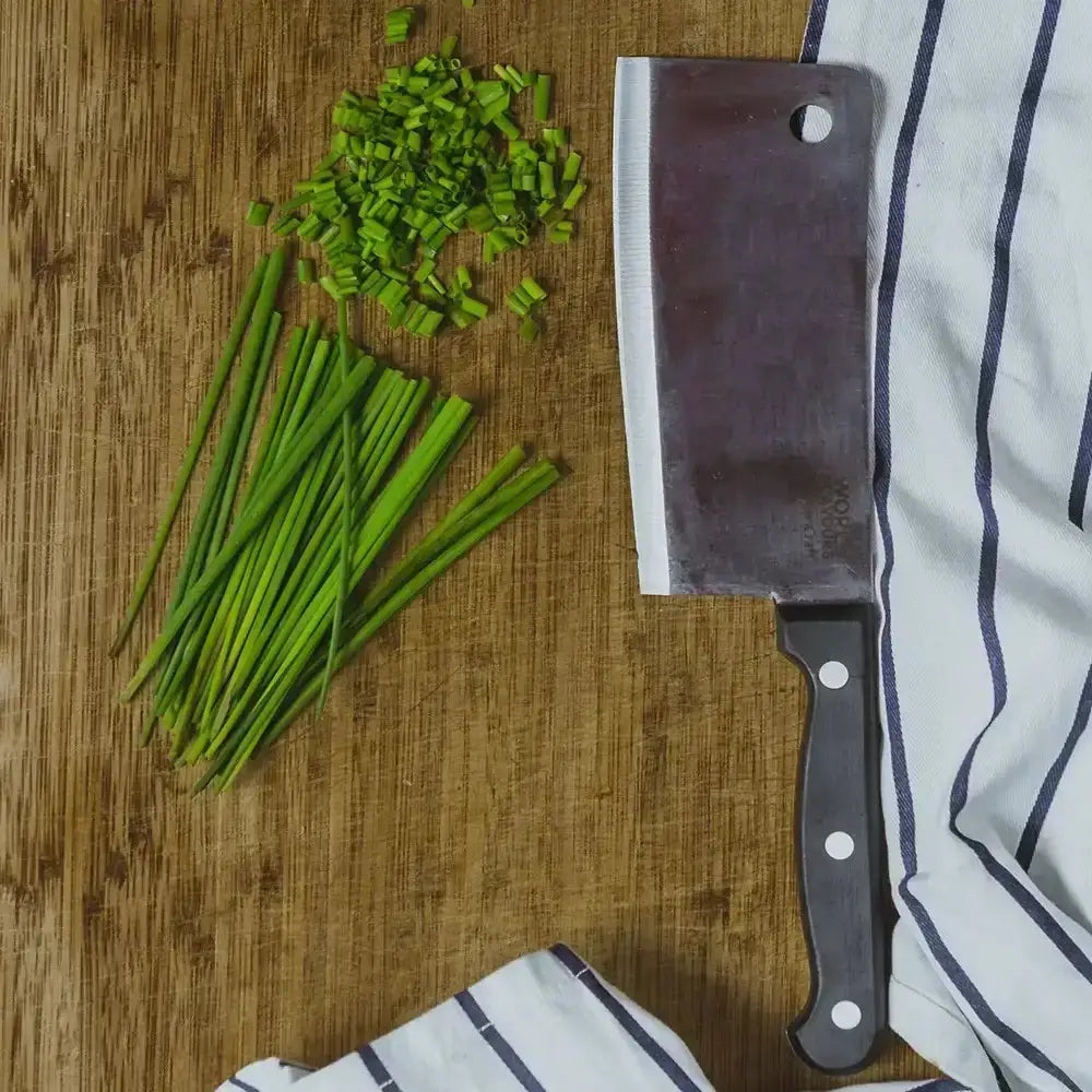 KitchenCraft stainless steel pure oriental meat cleaver 15cm with dark worn metal blade and black handle with white rivets