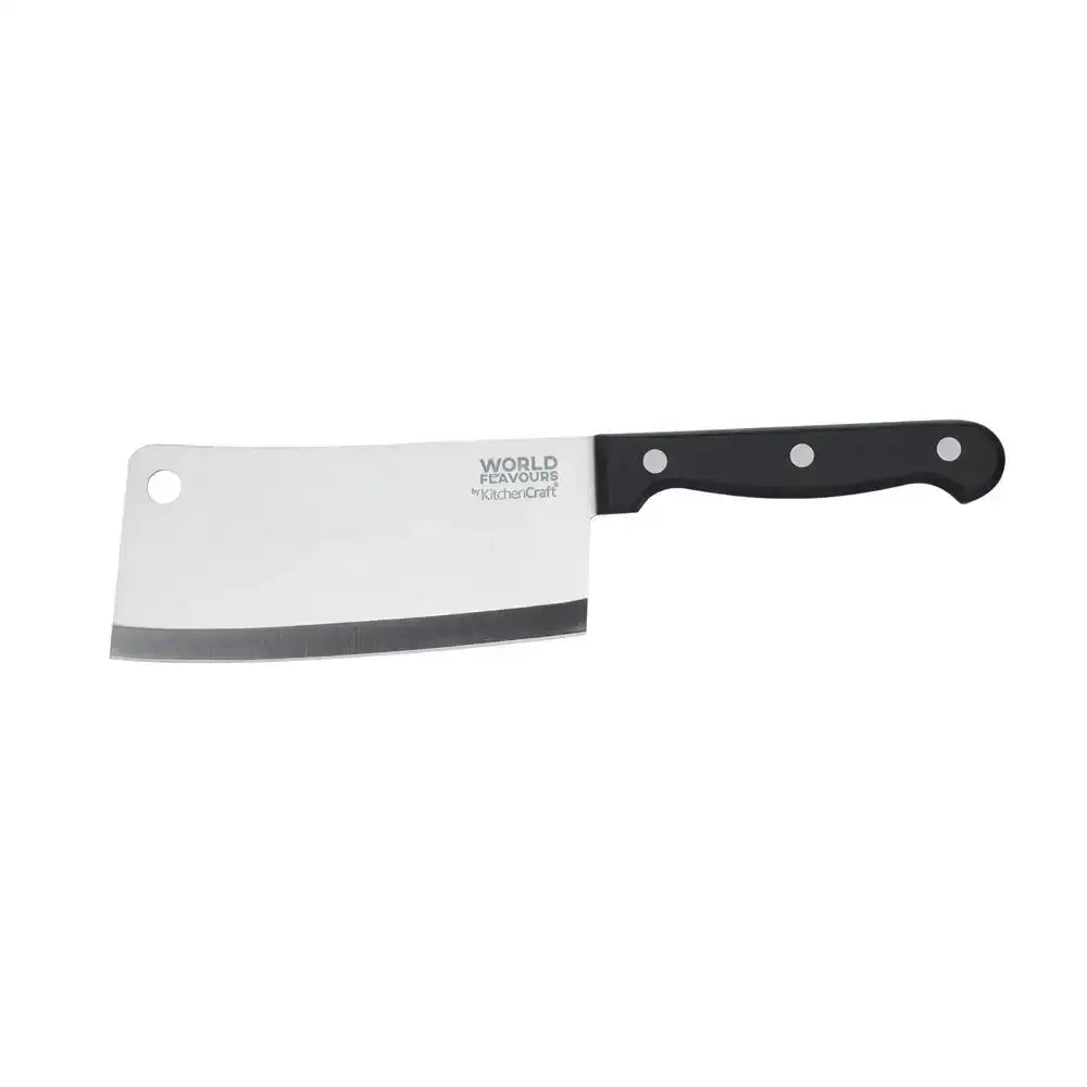 Chef's knife with a black handle on a white background