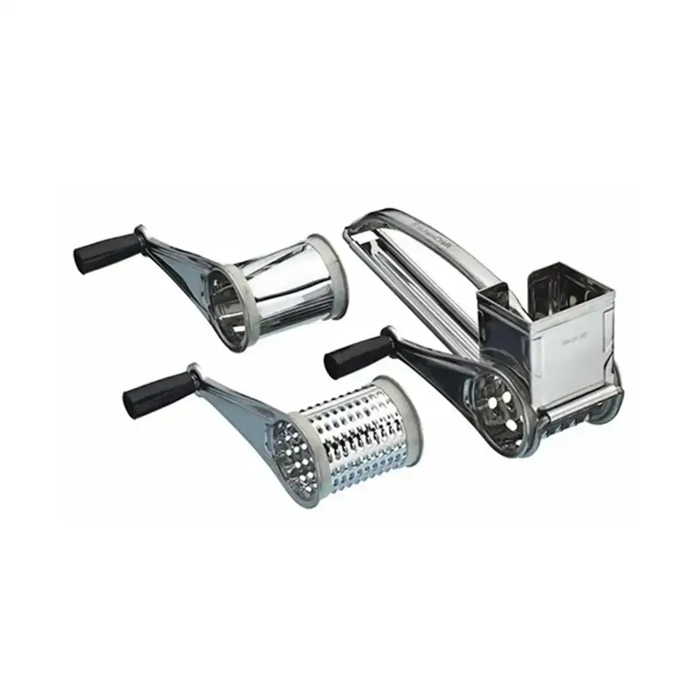 Set of metal kitchen tools including a slicer, shredder, and peeler on a white background