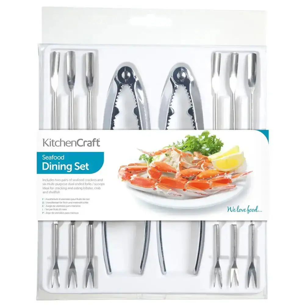 KitchenCraft Seafood Dining Set packaging with utensils and a plate of seafood.