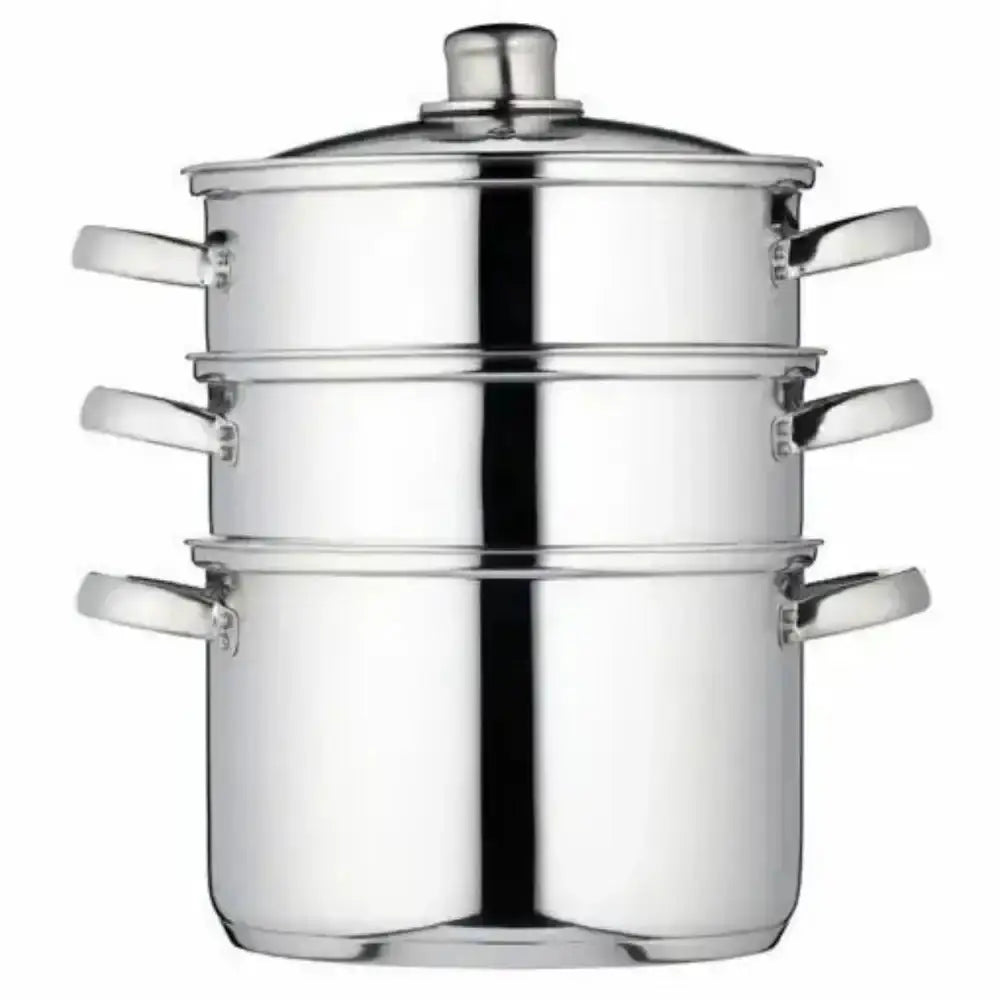 Silver steamer pot with multiple tiers on a white background