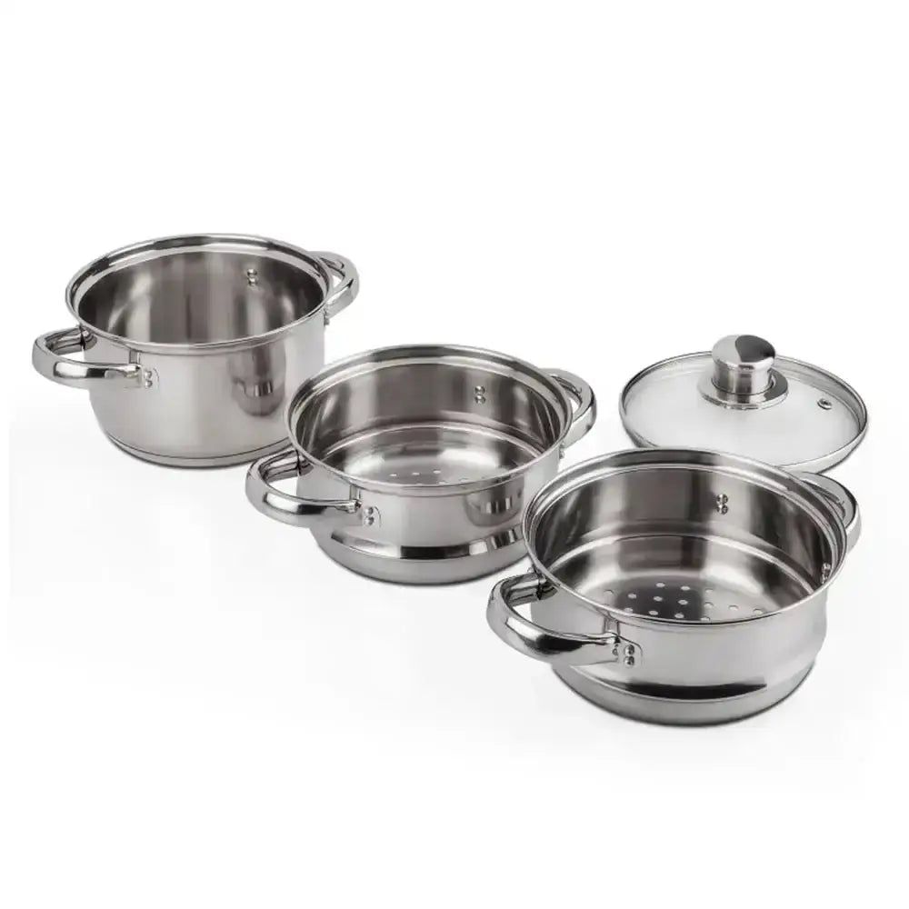 Set of stainless steel cookware on a white background