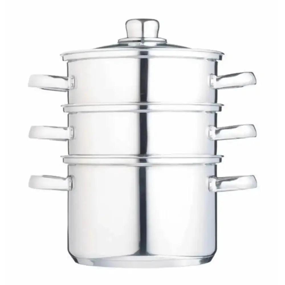 Clear glass steamer with metal handles on a white background