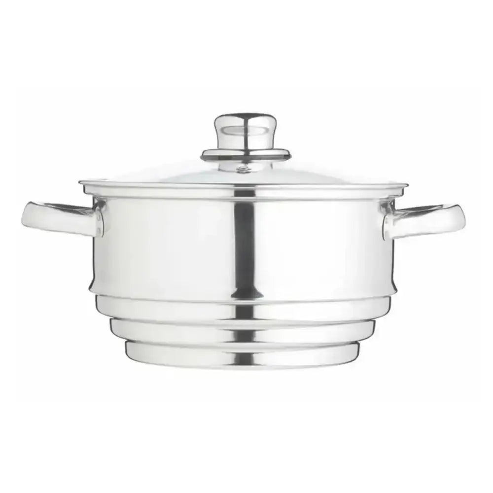 Stainless steel pot with glass lid on a white background
