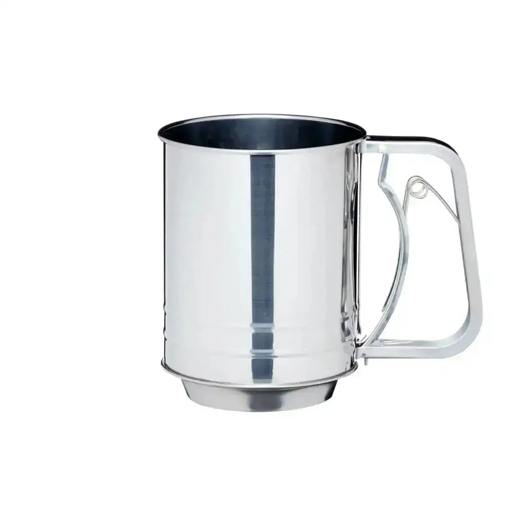 Stainless steel mug with handle on a white background