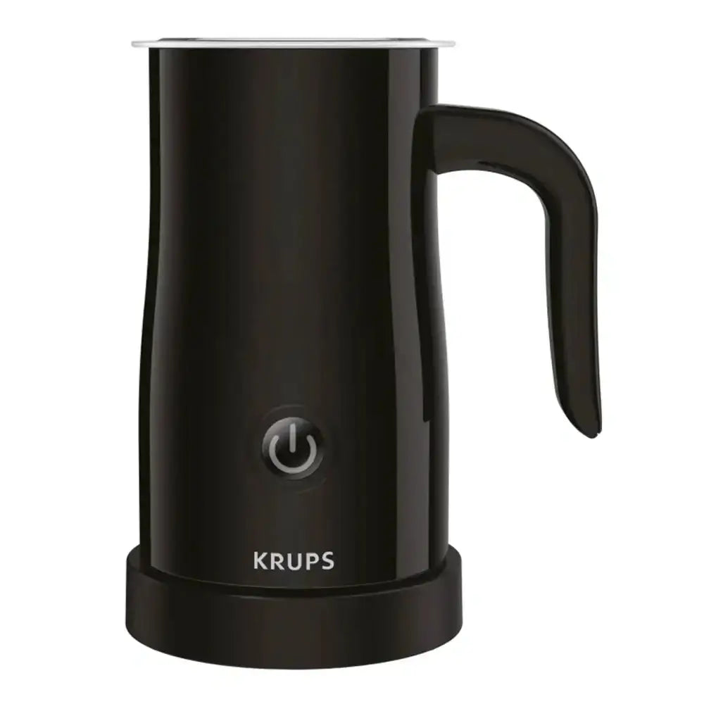 Black Krups milk frother on a white background