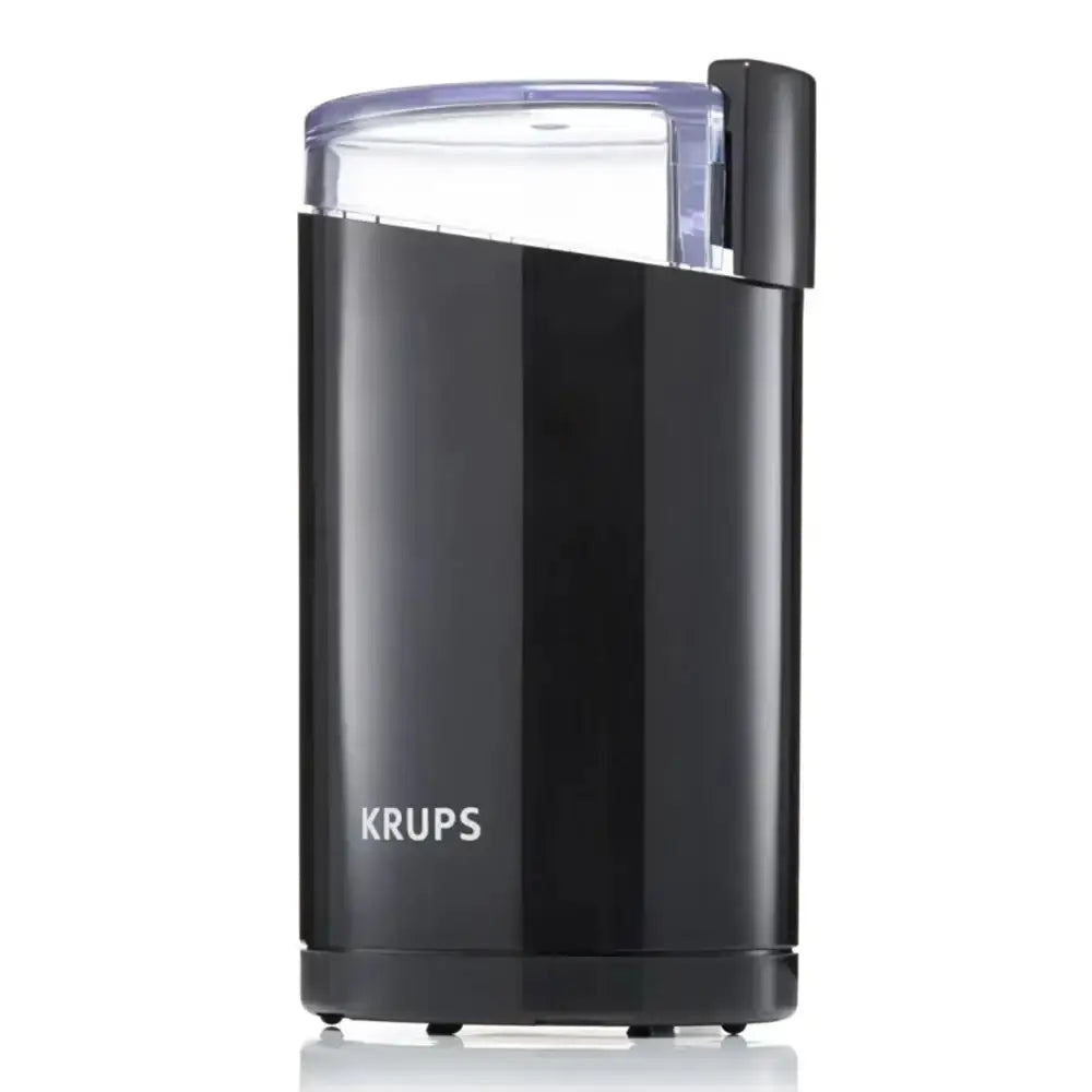 Black KRUPS coffee grinder on a white background