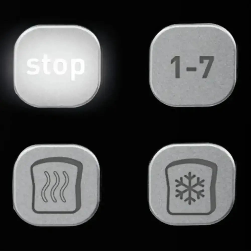 Control panel with buttons labeled 'stop', '1-7', 'toast', and 'snowflake' on a black background.