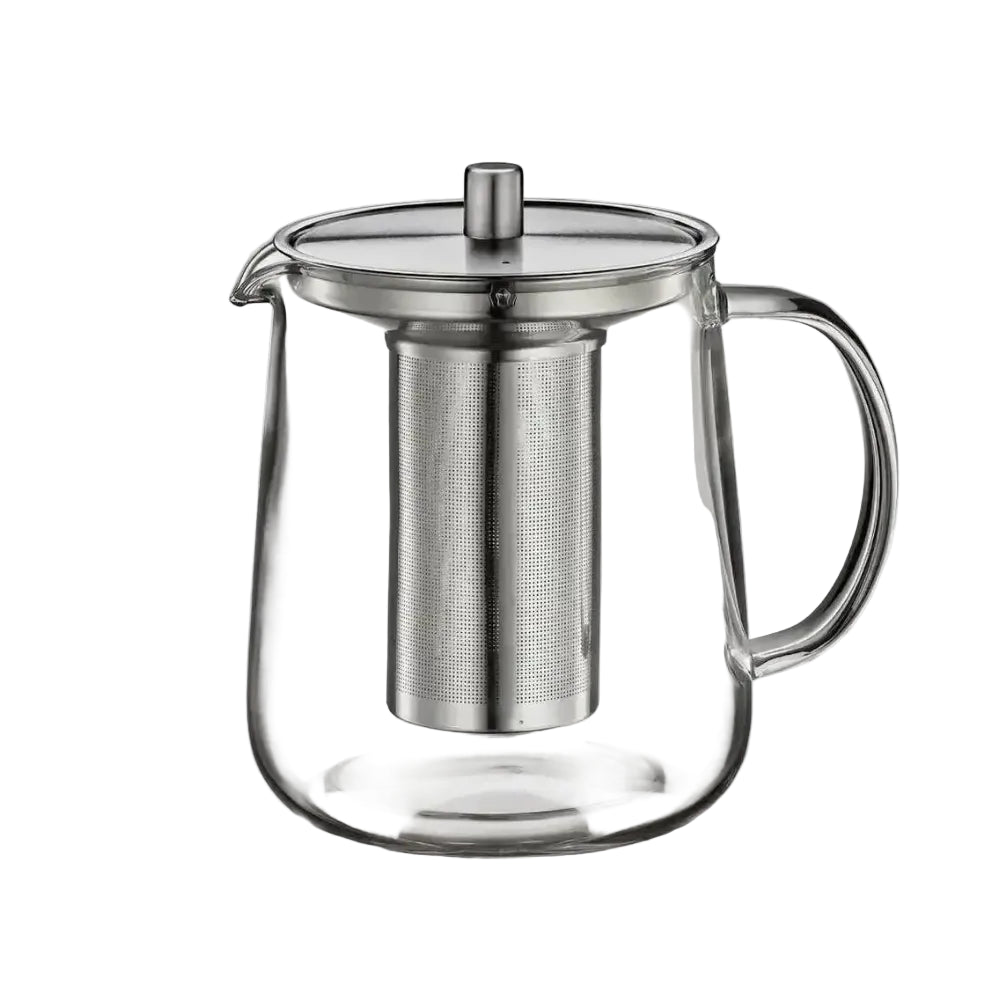 Clear glass teapot with metal infuser on a white background