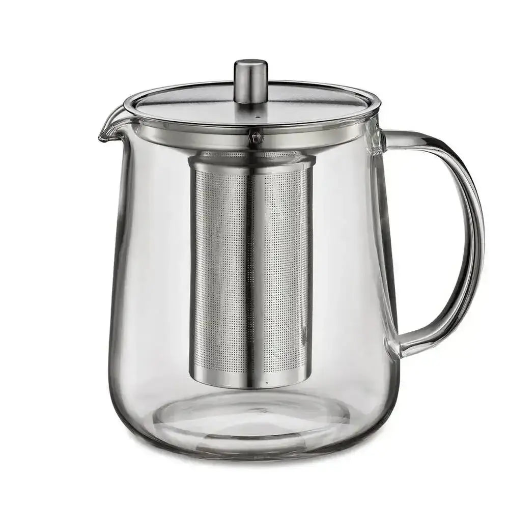 Clear glass teapot with metal infuser on a white background