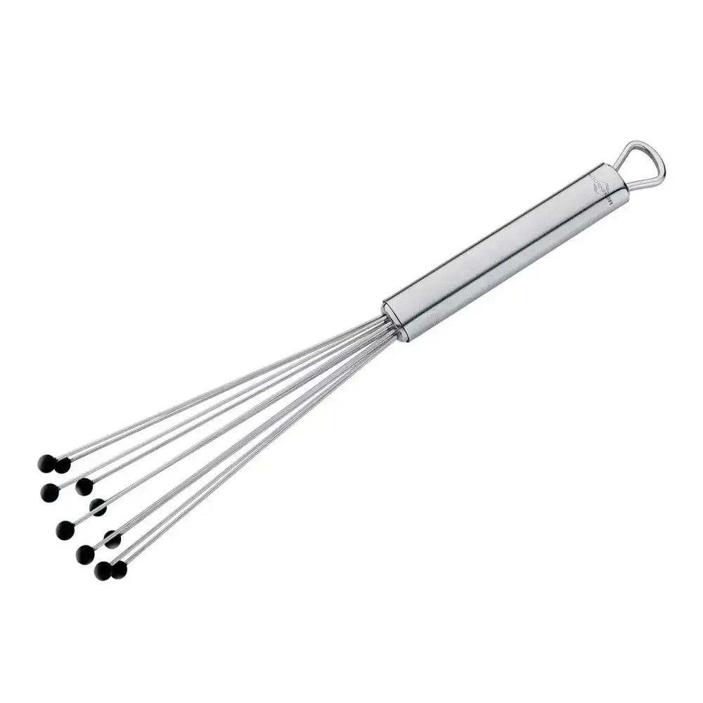 Metal whisk with black ends on a white background