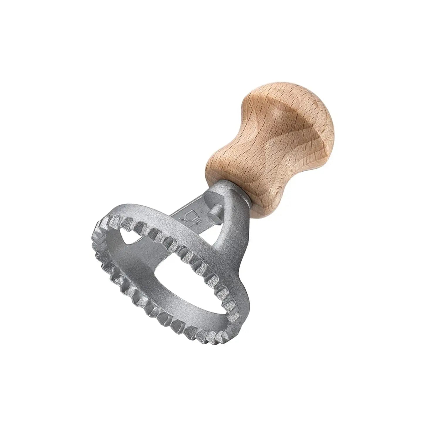 Metal cookie cutter with wooden handle on a white background