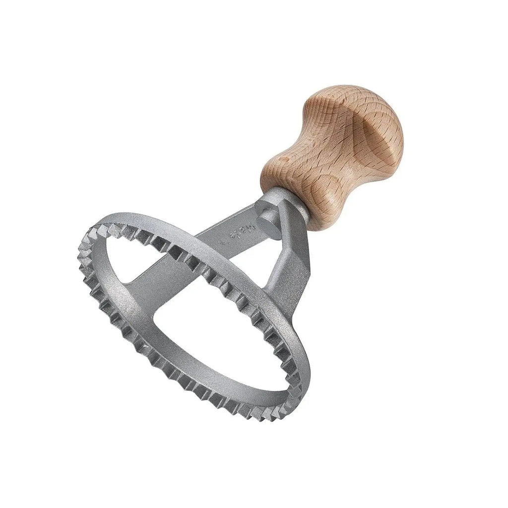 Silver metal kuchenprofi ravioli stamp round 8cm with light wood handle for pasta folding and shaping
