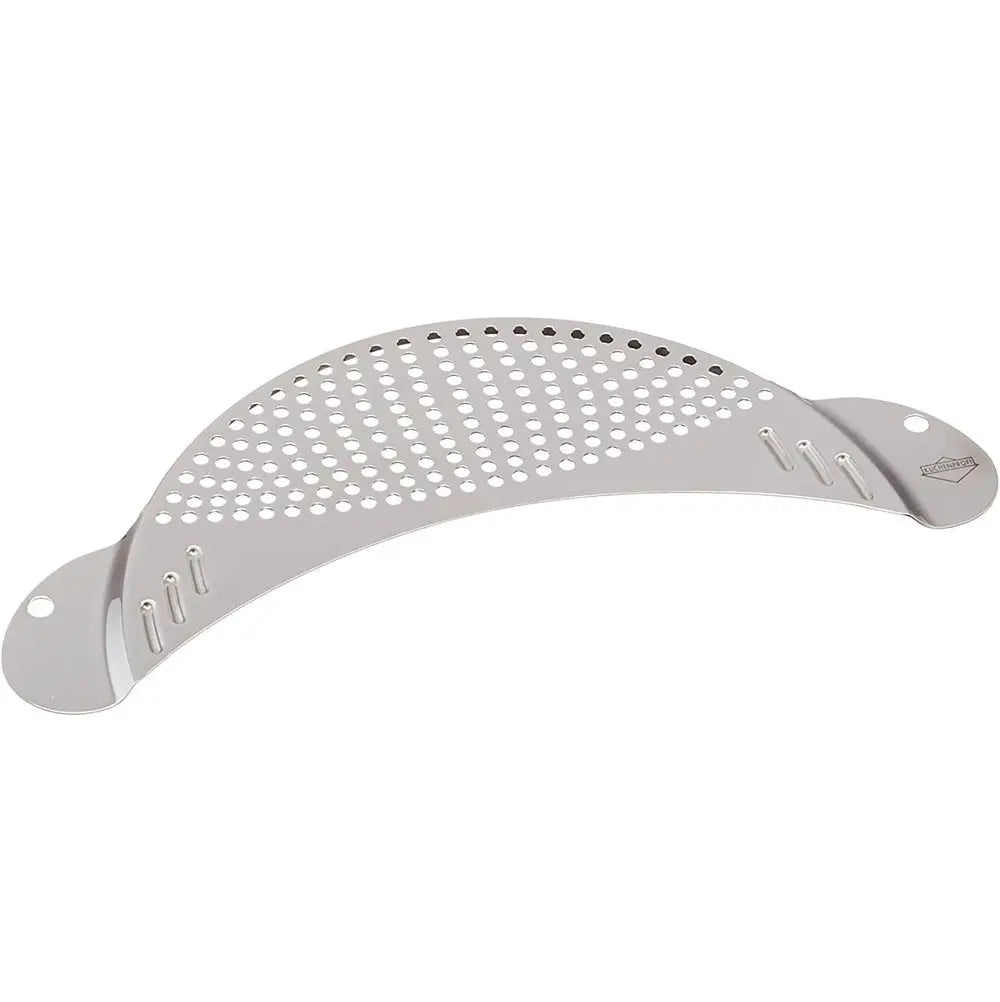 Metallic strainer attachment on a white background