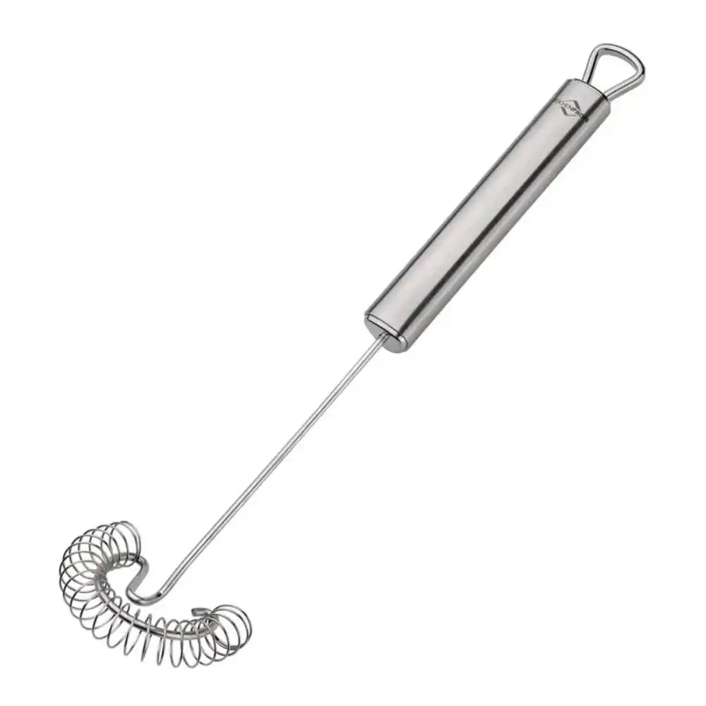 Metallic whisk with coiled handle on a white background