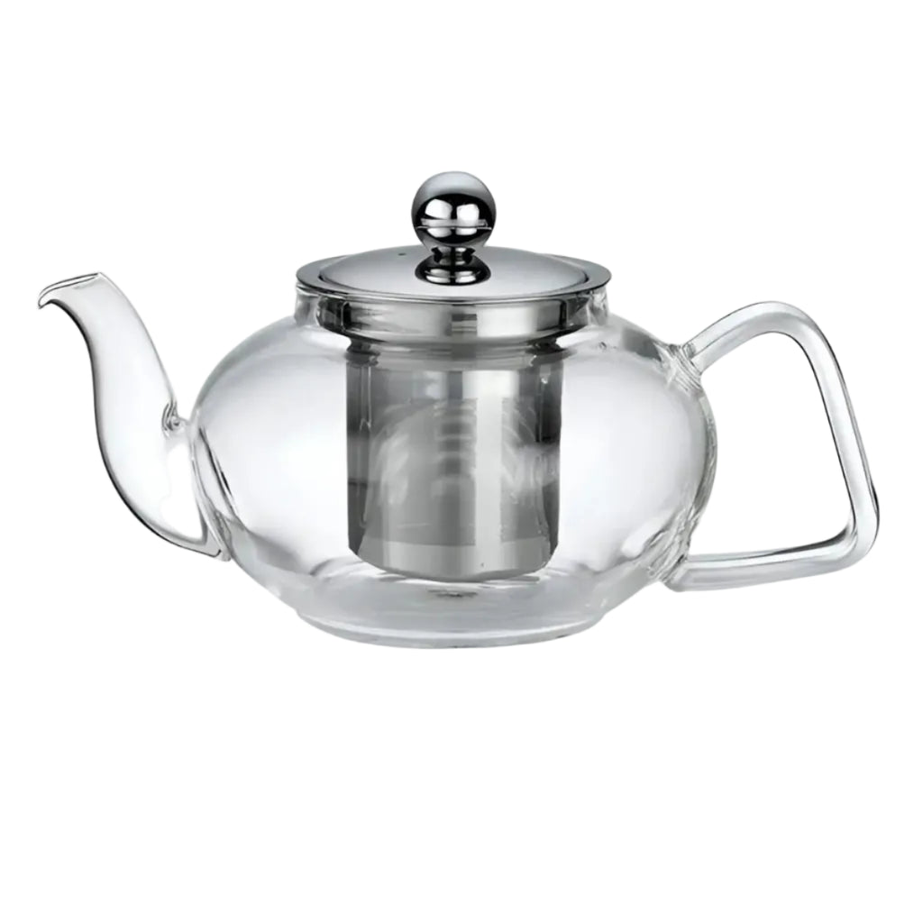 Clear glass teapot with metal infuser and lid on a white background