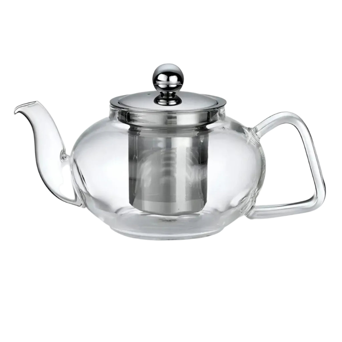 Clear glass teapot with metal infuser and lid on a white background