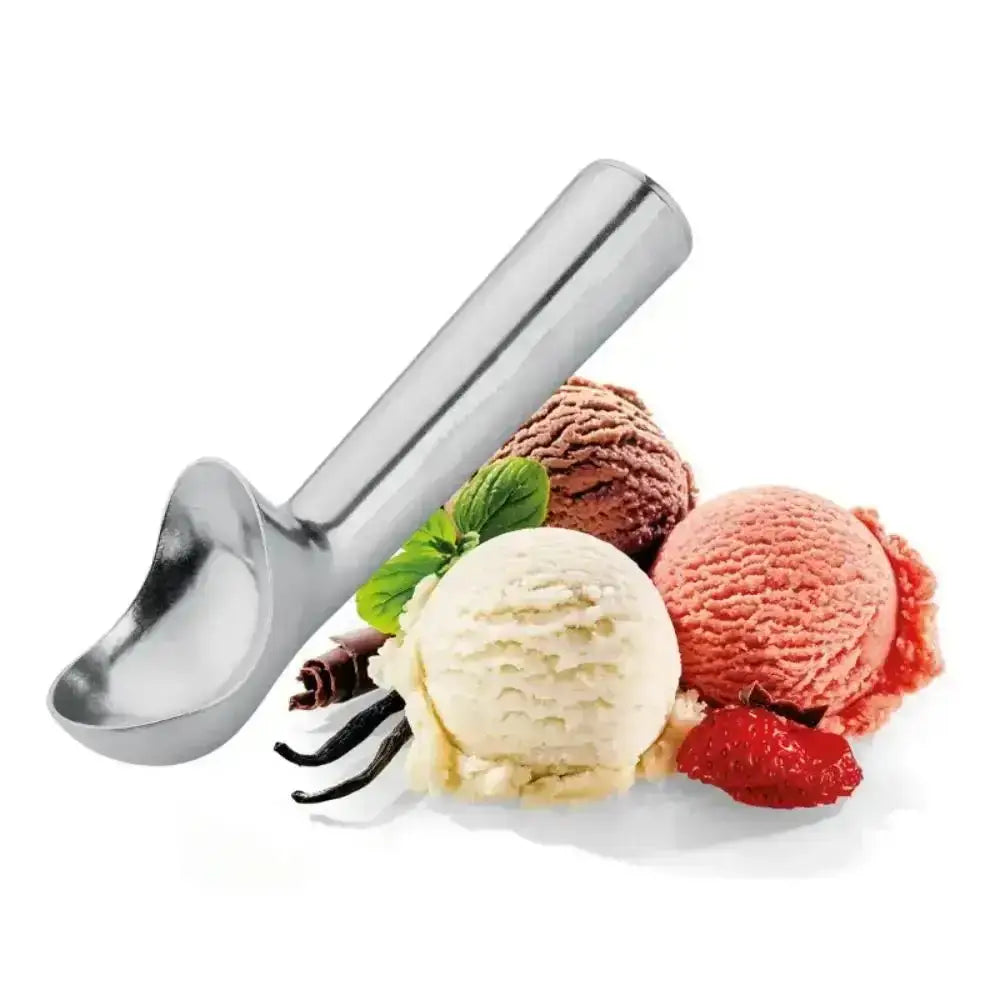 Metal Gelato scoop with three scoops of ice cream on a white background