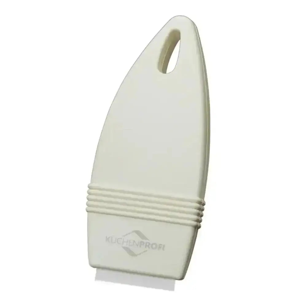 White glass oven top scraper with a handle on a white background, featuring the Kuchenprofi brand.