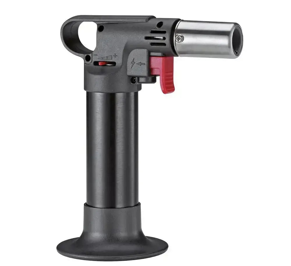 Butane torch with black and silver design on a white background