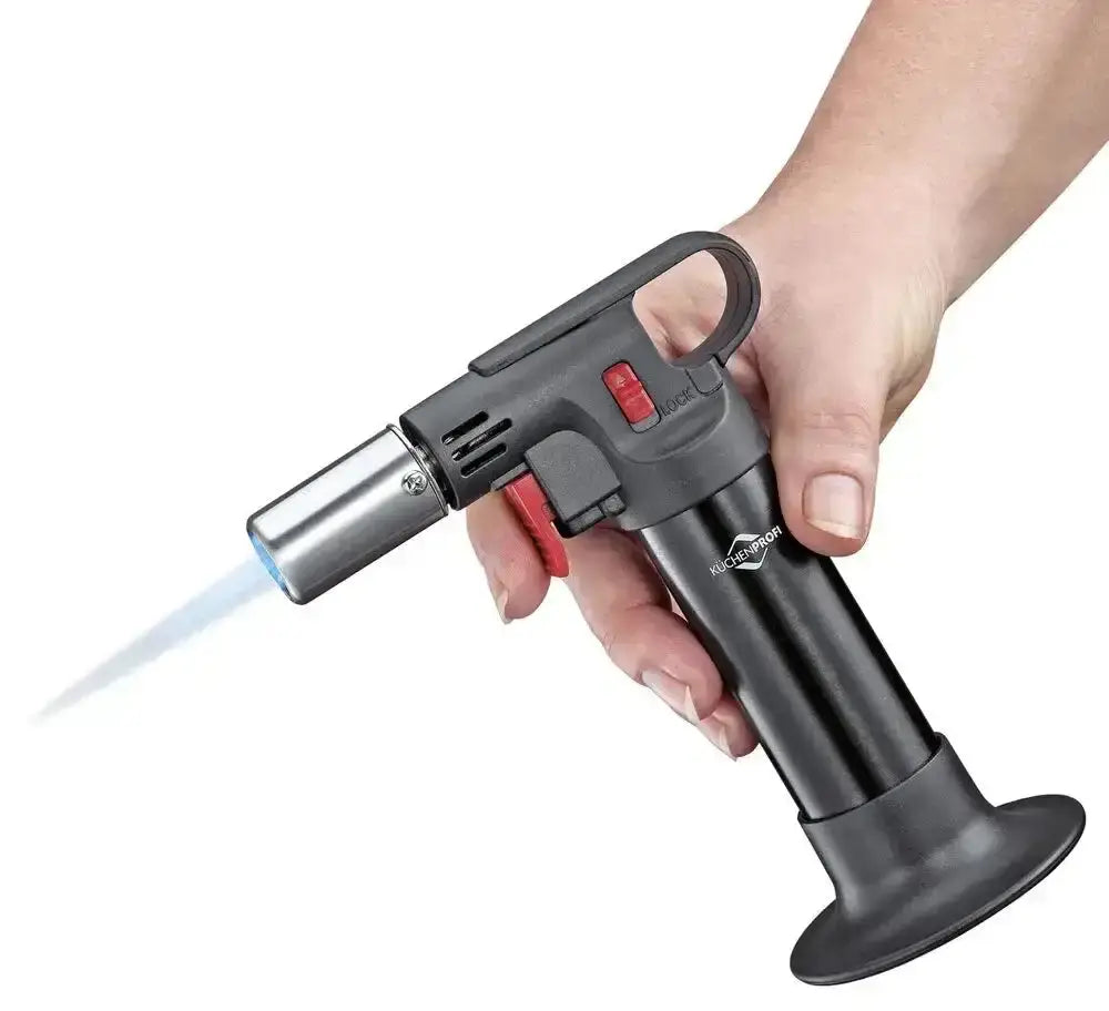 Hand holding a butane lighter with a visible flame on a white background