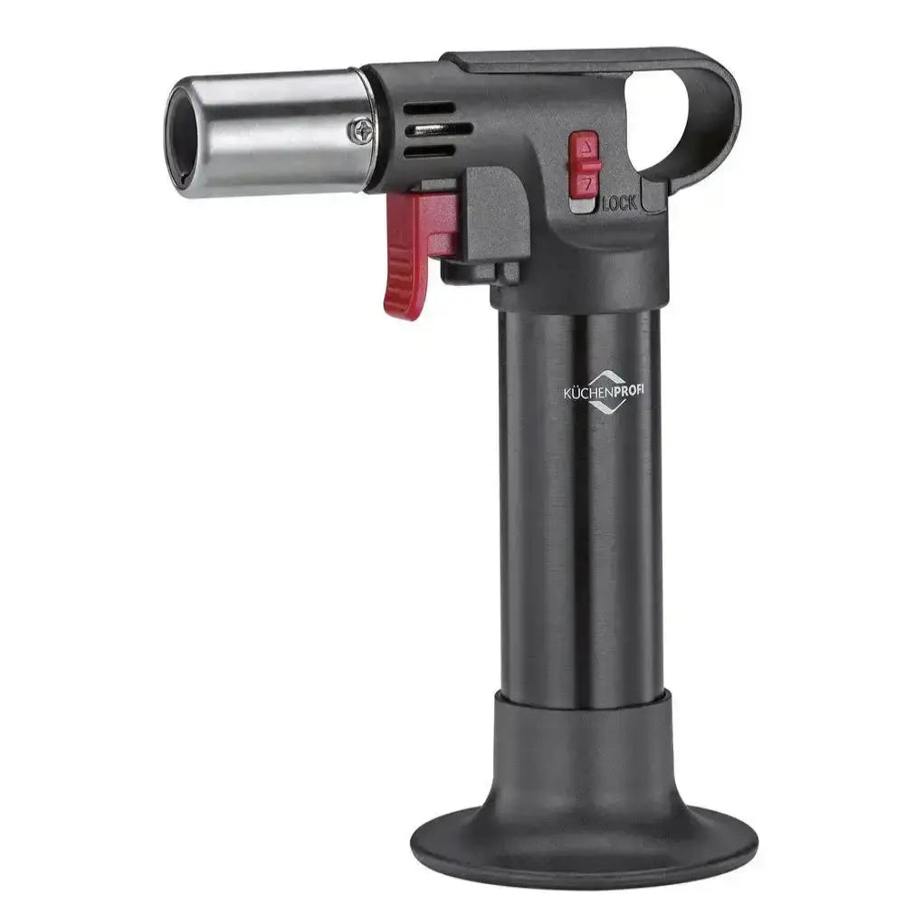 Butane torch with black body and silver nozzle on a white background