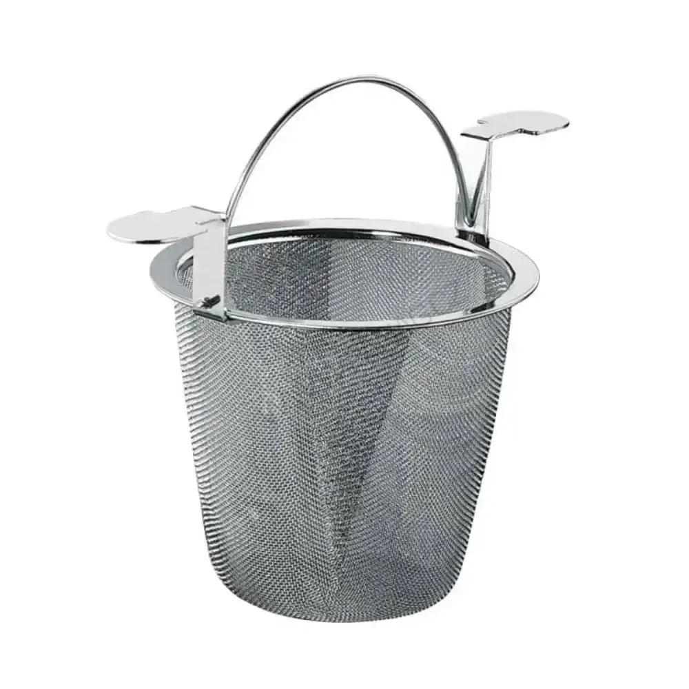 Metal mesh tea strainer with handles on a white background