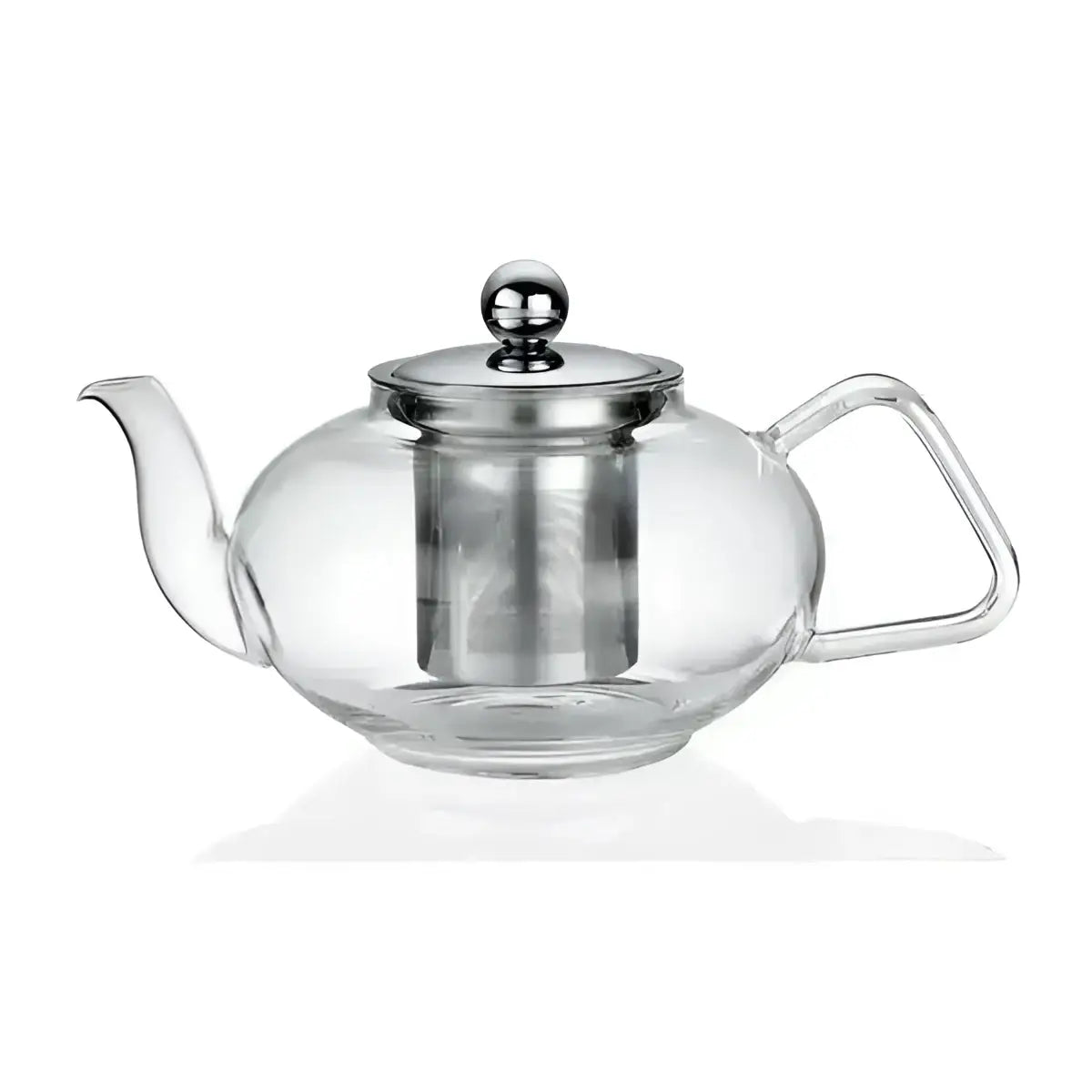 Clear glass teapot with metal lid and handle on a white background