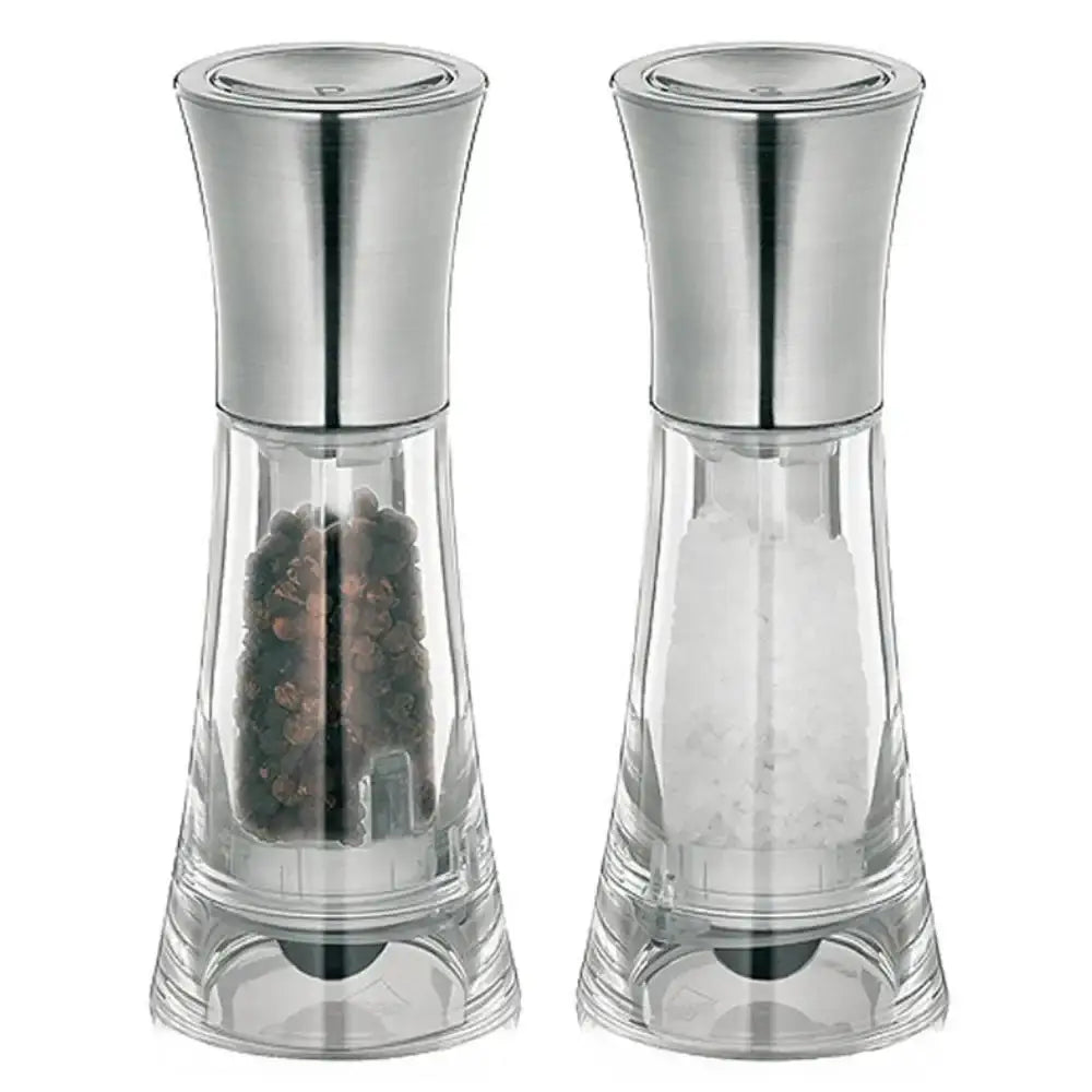 Two silver and clear pepper mills on a white background