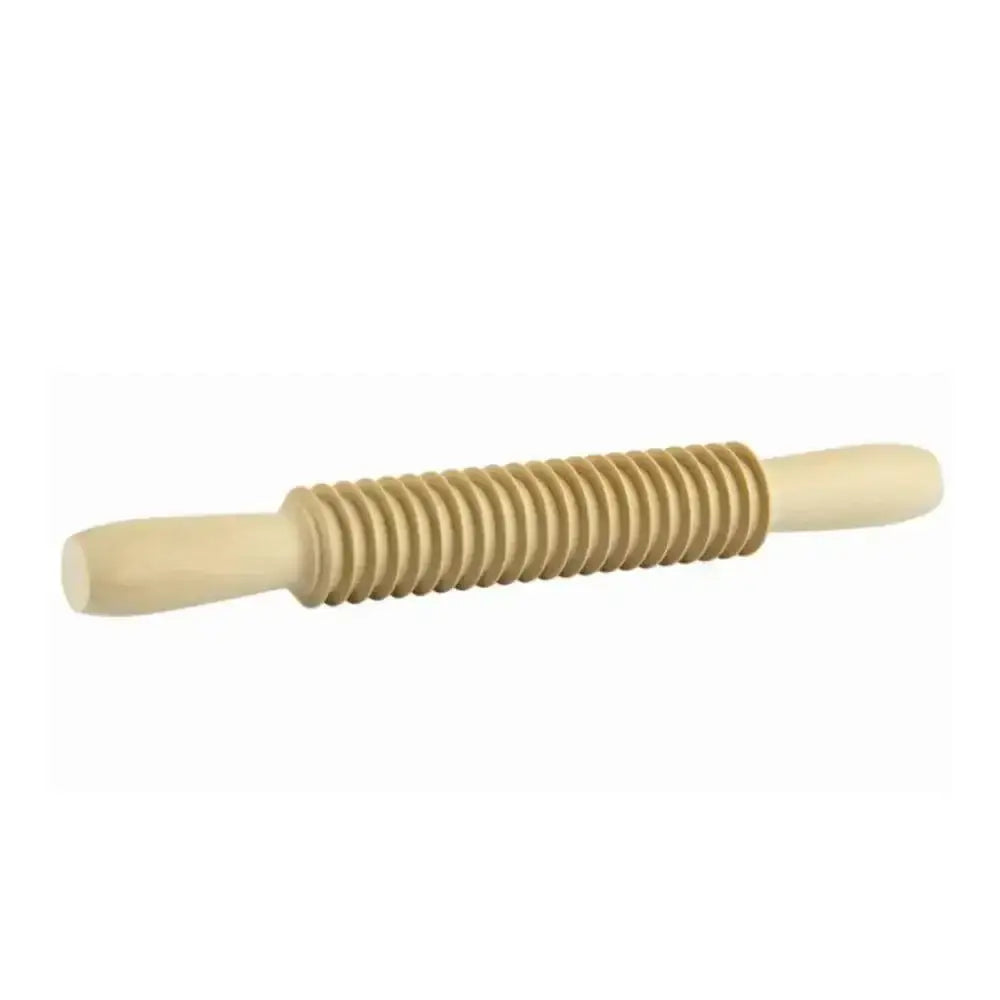 Wooden pasta rolling pin on a white background