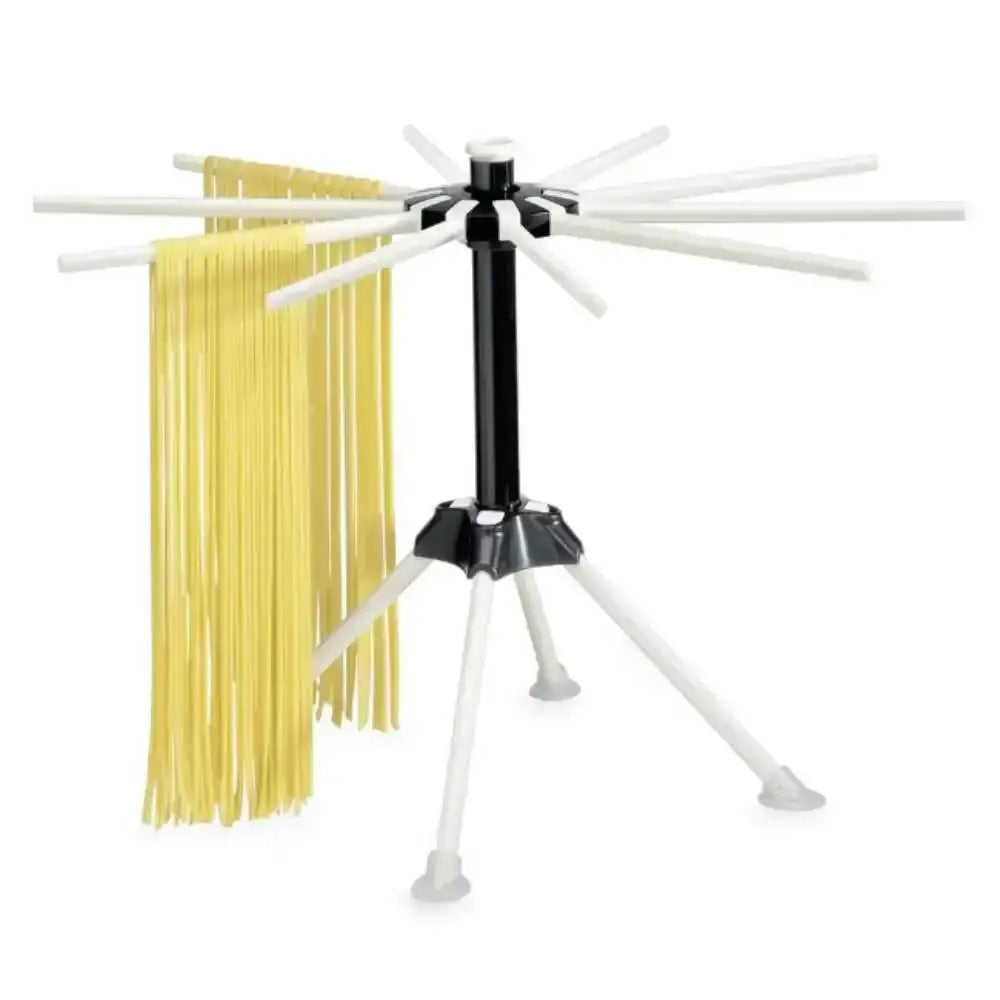 Pasta drying rack with yellow pasta on a white background