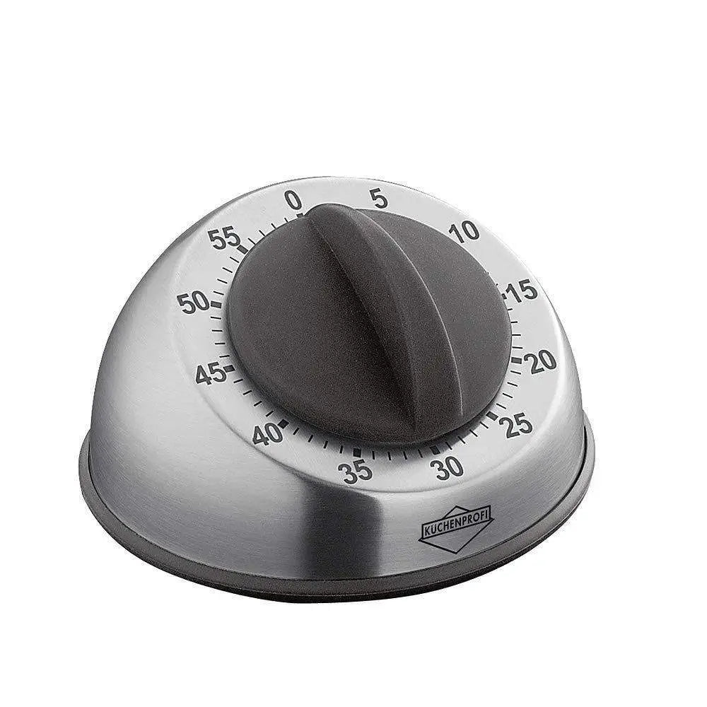 Kuchenpro kitchen timer with a silver base and gray dial on a white background